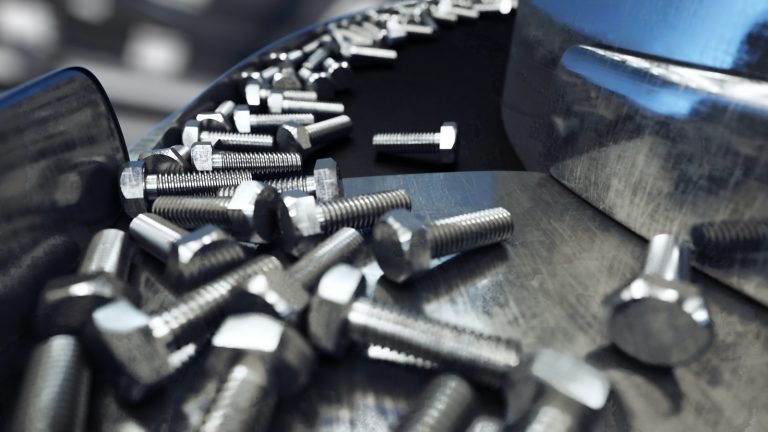 Process of production of bolts. Industrial concept. Factory equipment and macine. Steel. 3d rendering